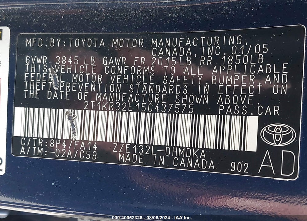 2005 TOYOTA MATRIX VIN: 2T1KR32E15C437575