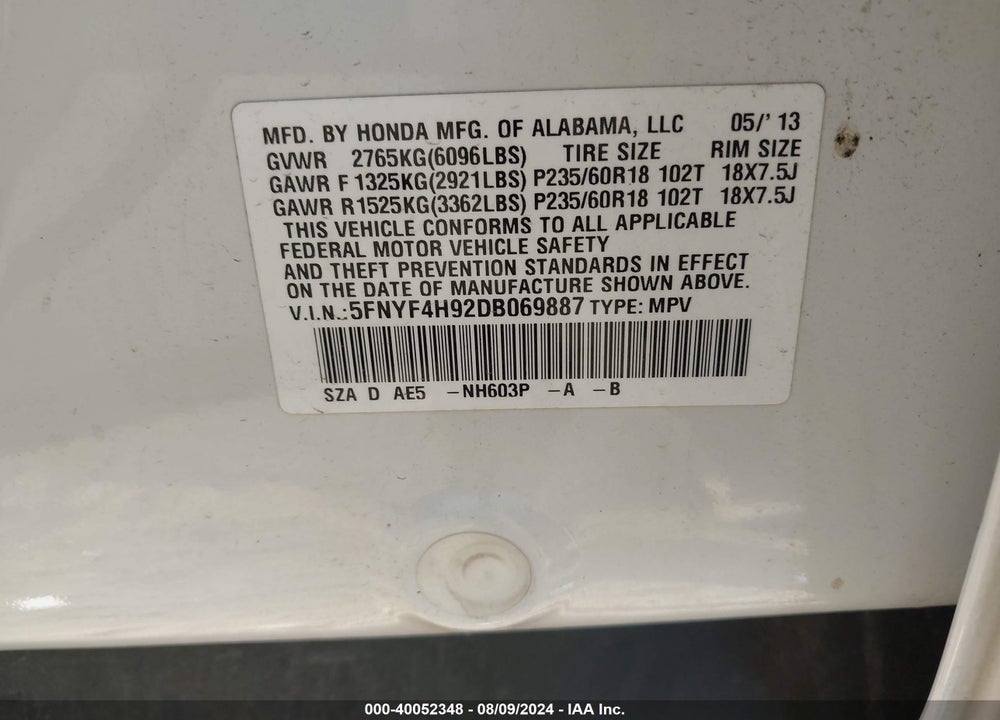 2013 HONDA PILOT TOURING VIN: 5FNYF4H92DB069887