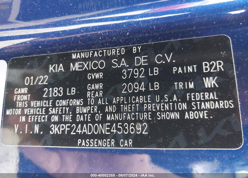 2022 KIA FORTE LXS VIN: 3KPF24AD0NE453692