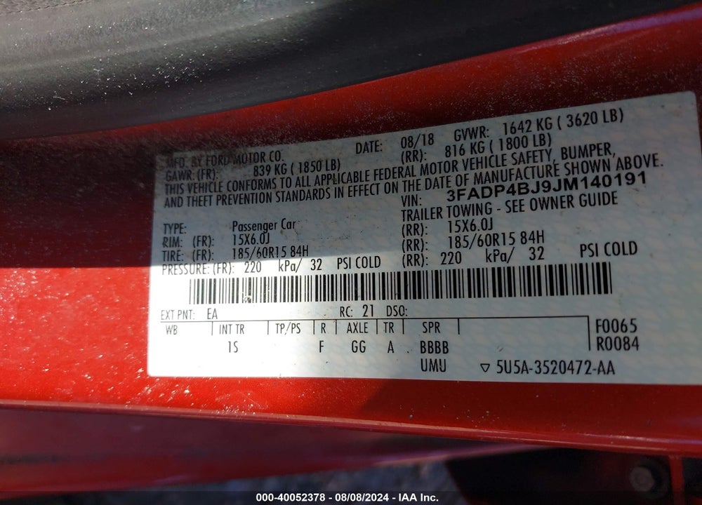 2018 FORD FIESTA SE VIN: 3FADP4BJ9JM140191