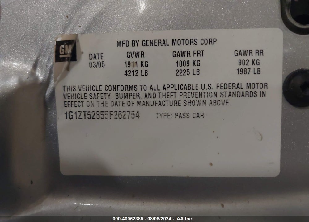 2005 CHEVROLET MALIBU LS VIN: 1G1ZT52855F262754