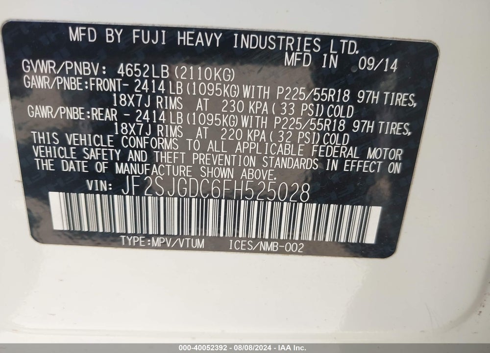 2015 SUBARU FORESTER 2.0XT PREMIUM VIN: JF2SJGDC6FH525028