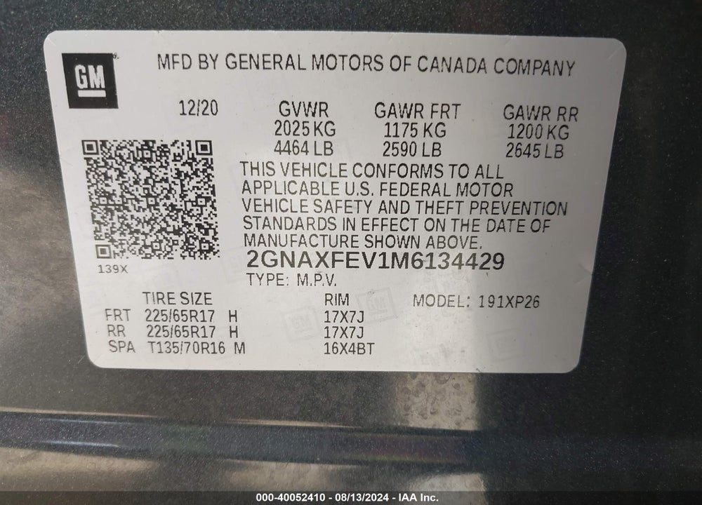 2021 CHEVROLET EQUINOX FWD 1FL VIN: 2GNAXFEV1M6134429