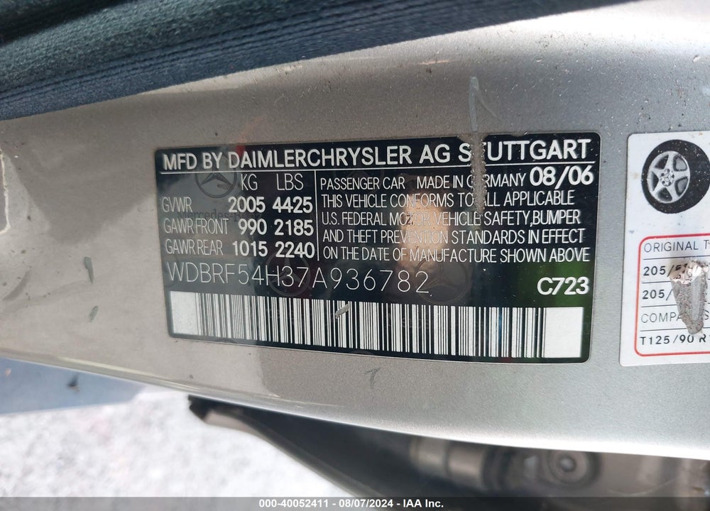 2007 MERCEDES-BENZ C 280 LUXURY VIN: WDBRF54H37A936782