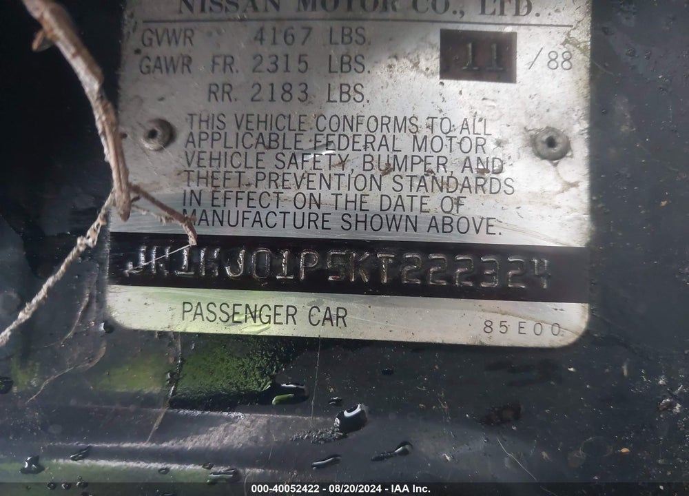 1989 NISSAN MAXIMA VIN: JN1HJ01P5KT222324