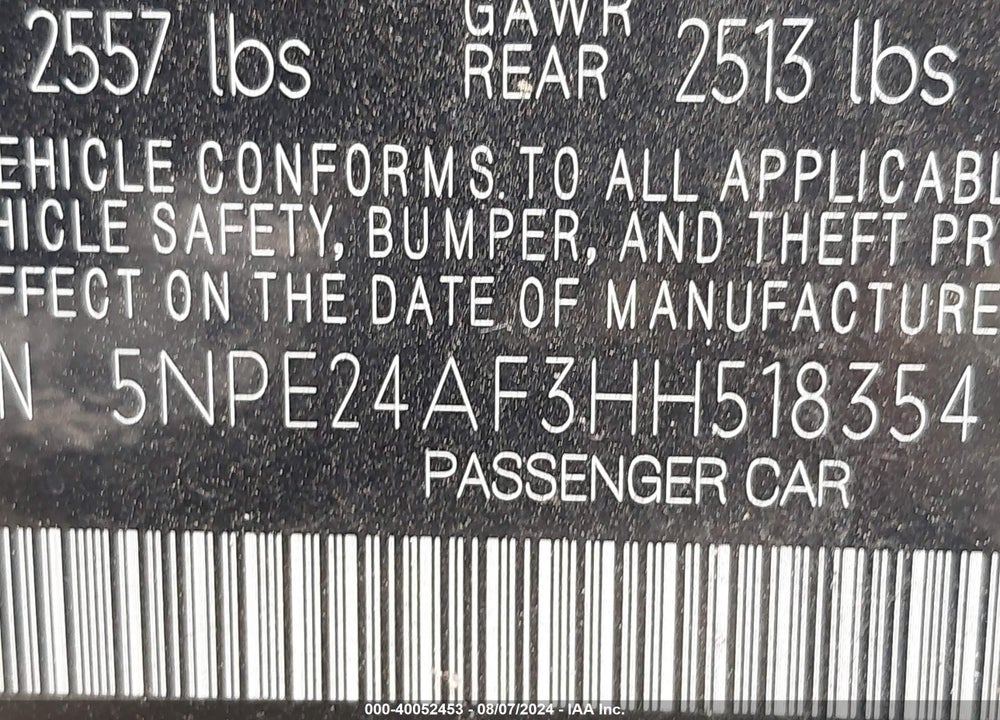 2017 HYUNDAI SONATA SE VIN: 5NPE24AF3HH518354