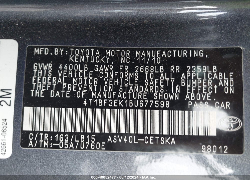 2011 TOYOTA CAMRY SE VIN: 4T1BF3EK1BU677598