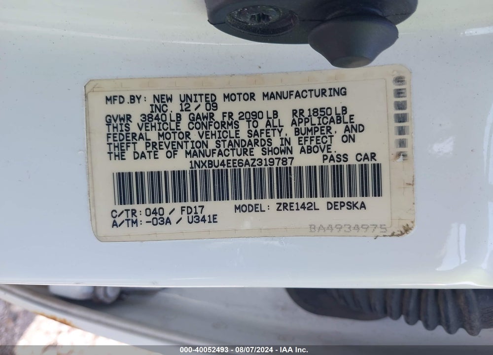 2010 TOYOTA COROLLA S VIN: 1NXBU4EE6AZ319787