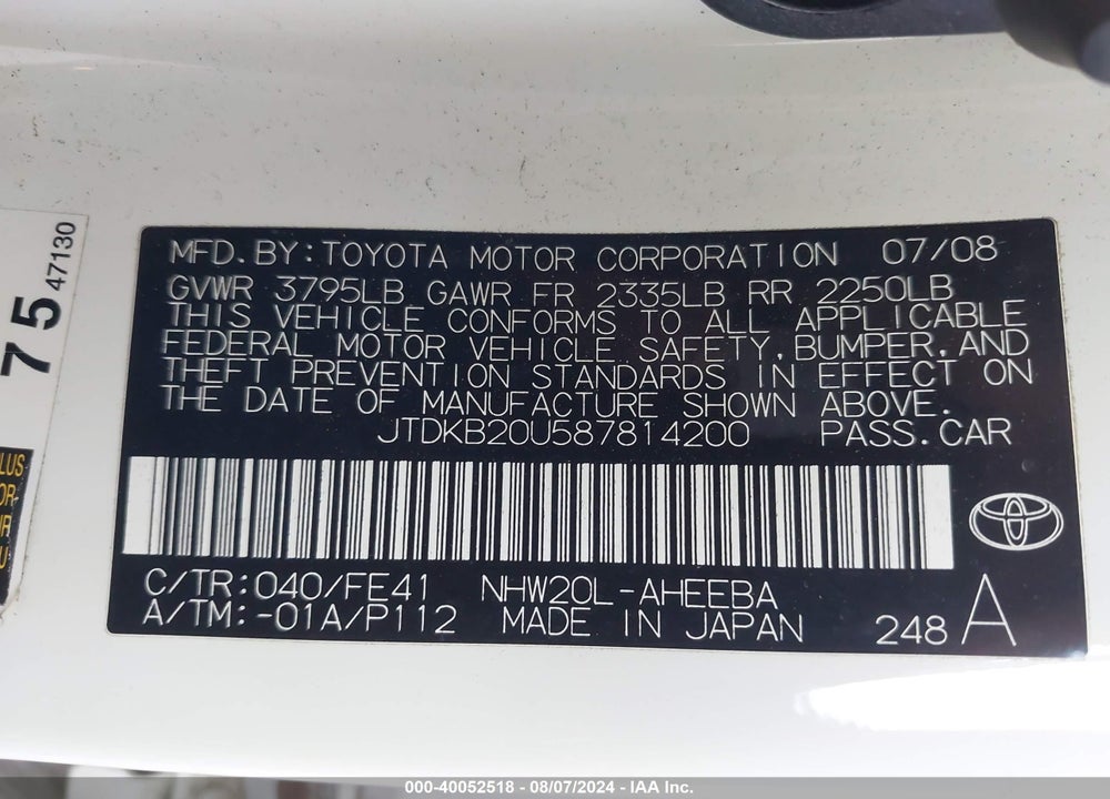 2008 TOYOTA PRIUS VIN: JTDKB20U587814200
