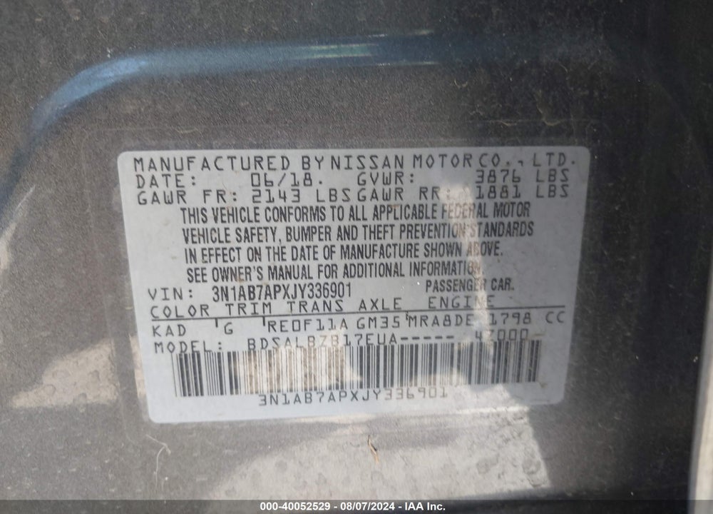 2018 NISSAN SENTRA S VIN: 3N1AB7APXJY336901