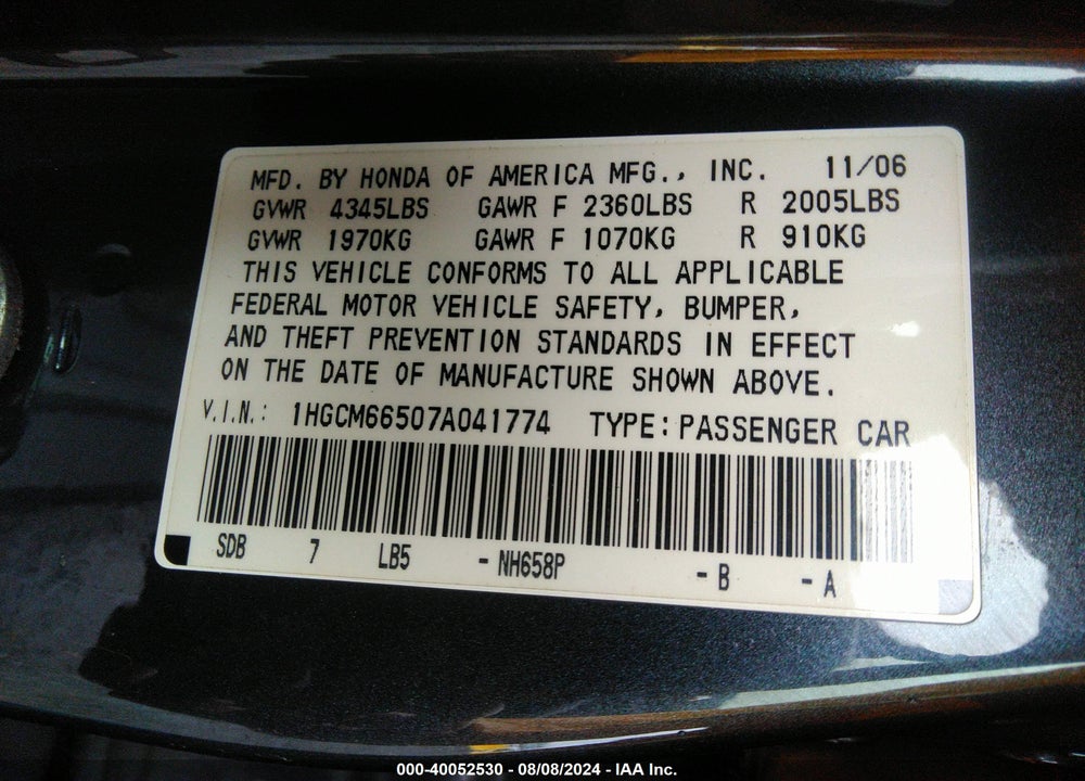 2007 HONDA ACCORD 3.0 EX VIN: 1HGCM66507A041774
