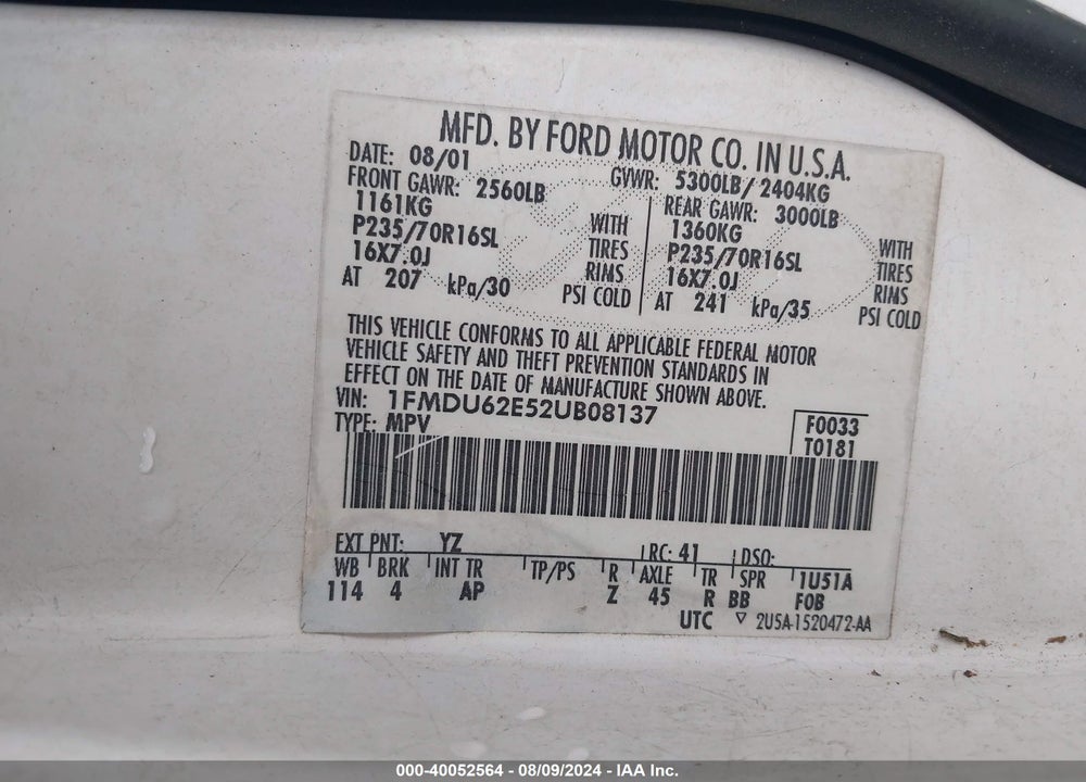 2002 FORD EXPLORER XLS VIN: 1FMDU62E52UB08137