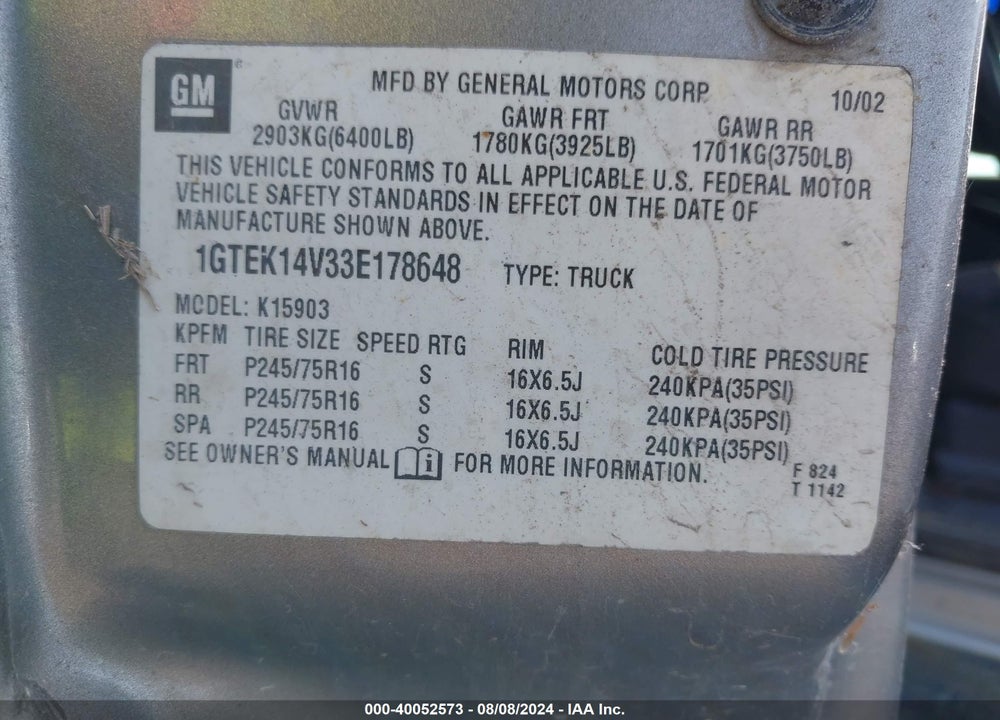 2003 GMC SIERRA 1500 WORK TRUCK VIN: 1GTEK14V33E178648