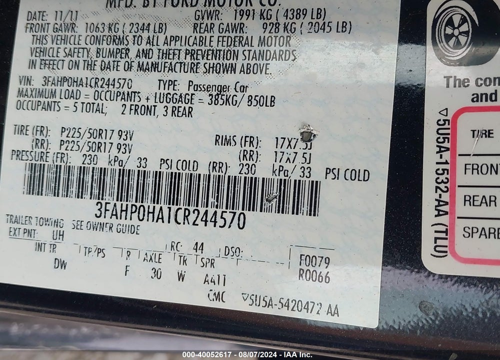 2012 FORD FUSION SE VIN: 3FAHP0HA1CR244570