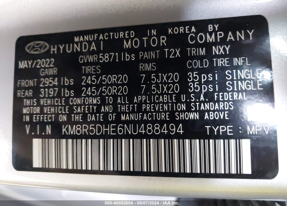 2022 HYUNDAI PALISADE LIMITED VIN: KM8R5DHE6NU488494