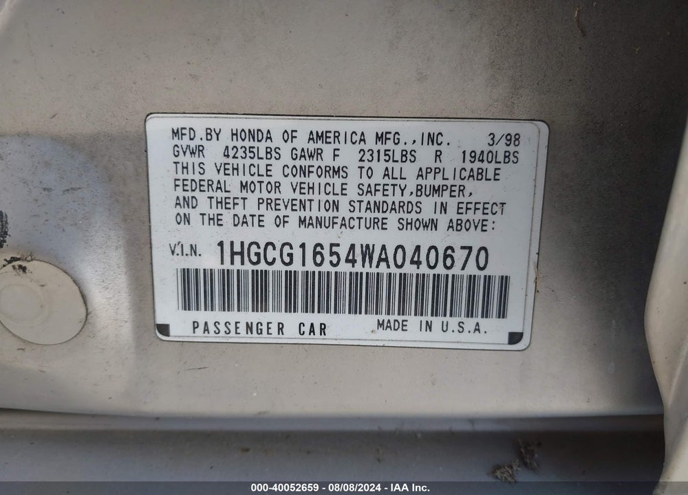 1998 HONDA ACCORD EX V6 VIN: 1HGCG1654WA040670