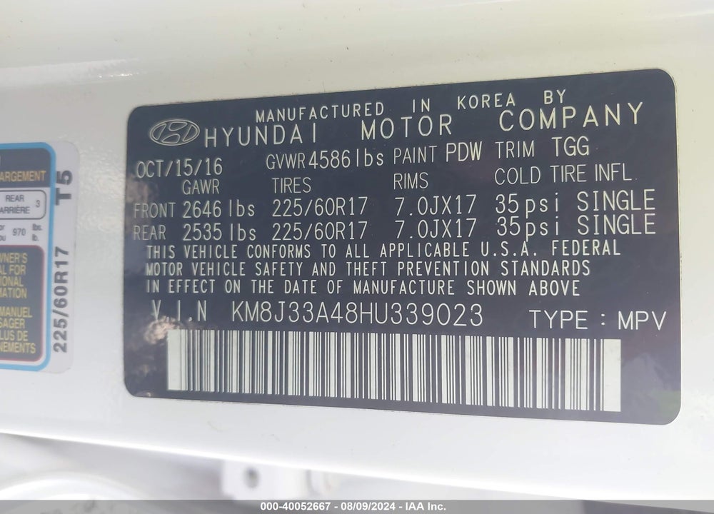 2017 HYUNDAI TUCSON SE VIN: KM8J33A48HU339023