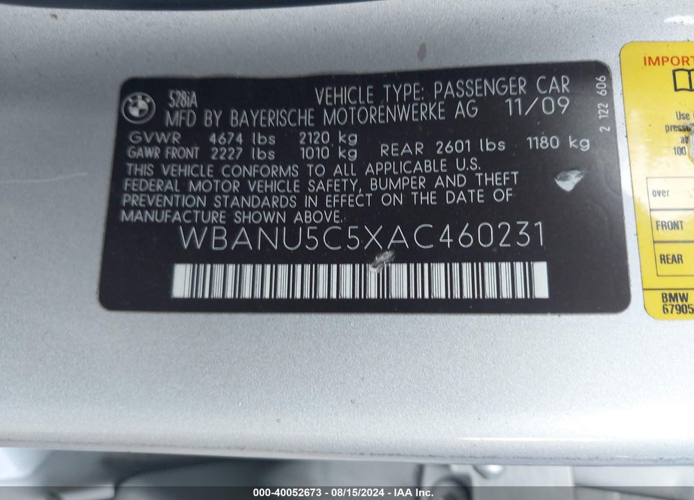 2010 BMW 528I VIN: WBANU5C5XAC460231