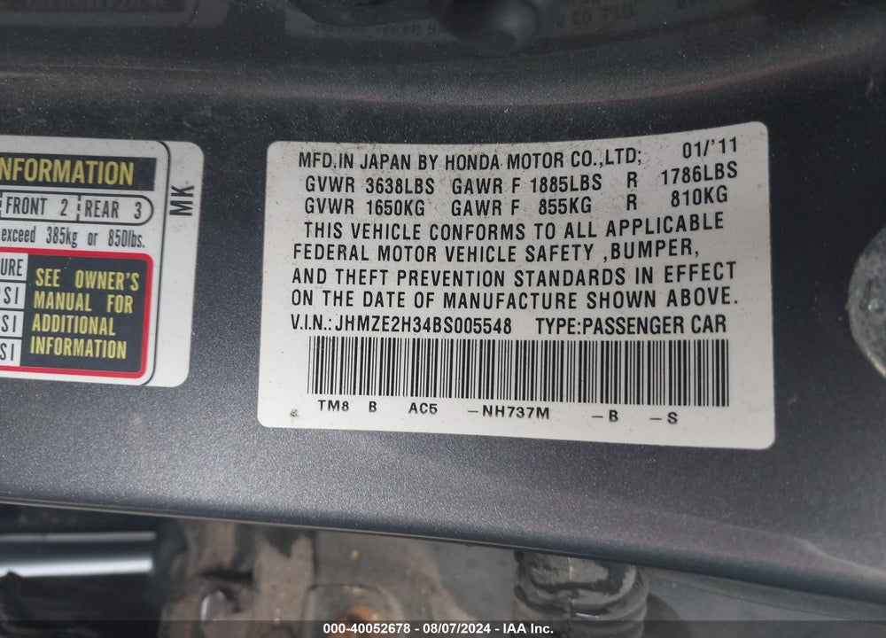 2011 HONDA INSIGHT VIN: JHMZE2H34BS005548