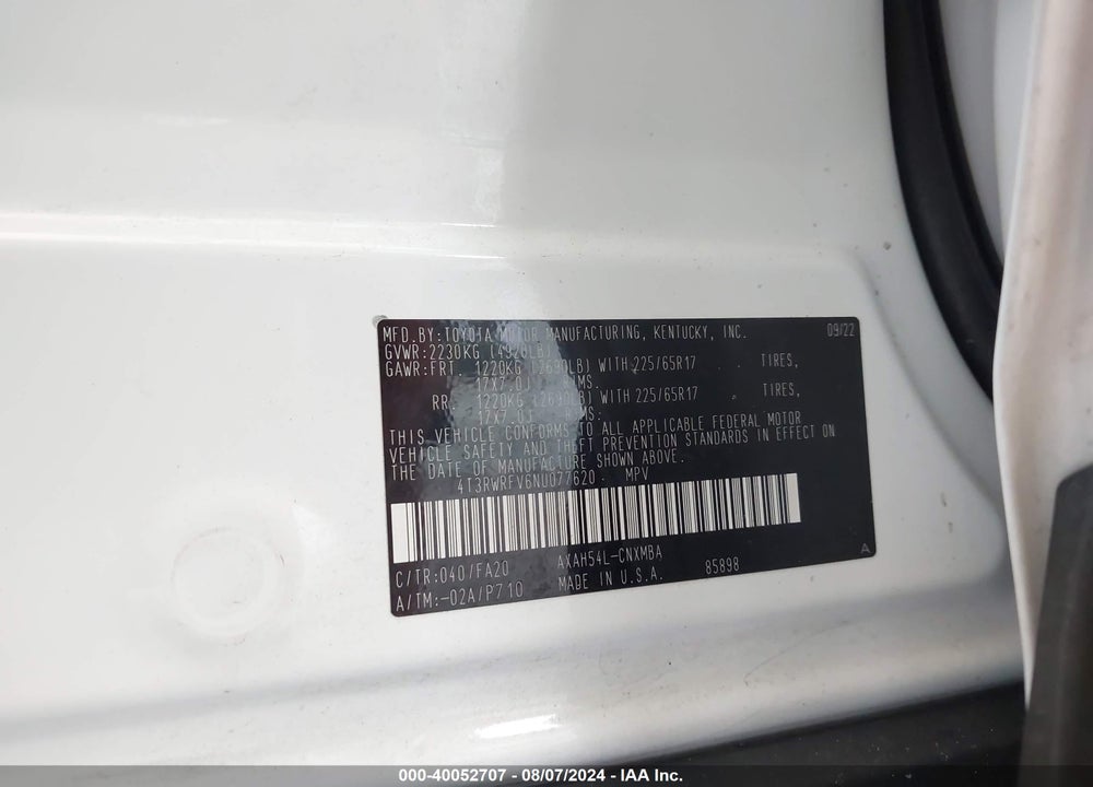 2022 TOYOTA RAV4 HYBRID VIN: 4T3RWRFV6NU077620
