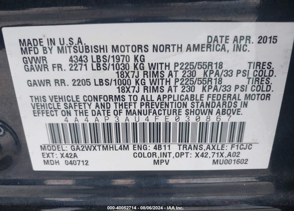 2015 MITSUBISHI OUTLANDER SPORT ES VIN: 4A4AP3AU4FE030867