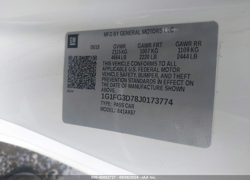 2018 CHEVROLET CAMARO VIN: 1G1FG3D78J0173774