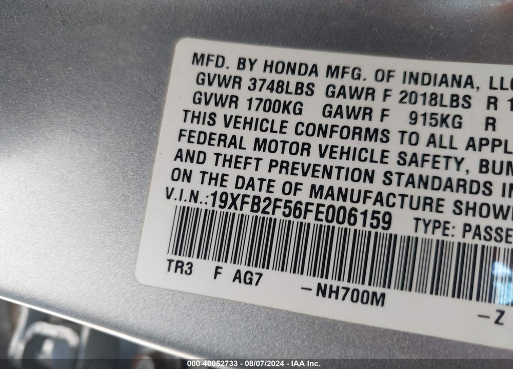 2015 HONDA CIVIC LX VIN: 19XFB2F56FE006159