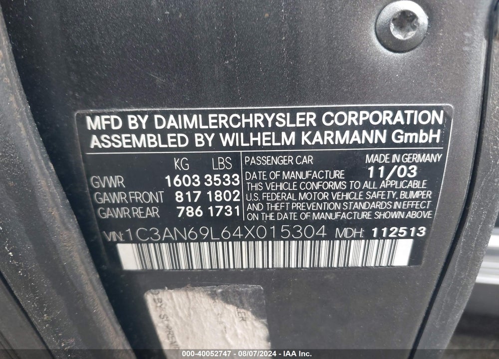 2004 CHRYSLER CROSSFIRE VIN: 1C3AN69L64X015304