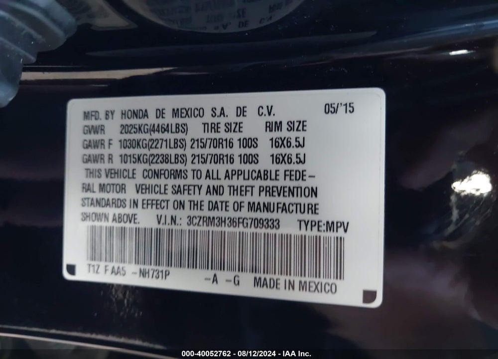 2015 HONDA CR-V LX VIN: 3CZRM3H36FG709333