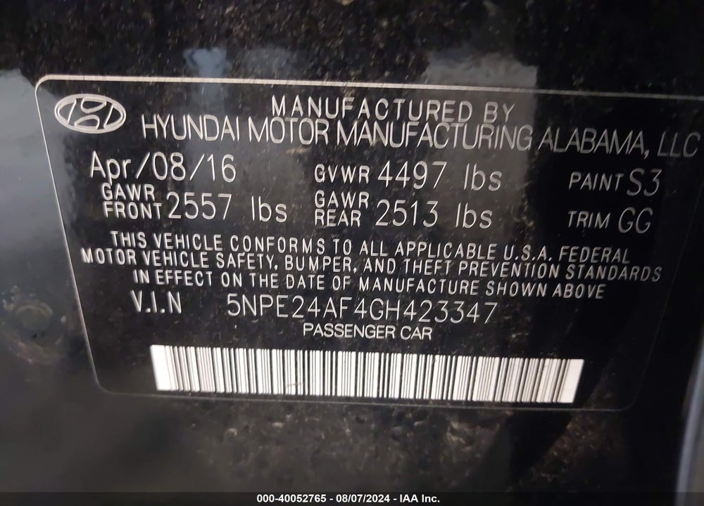 2016 HYUNDAI SONATA SE VIN: 5NPE24AF4GH423347