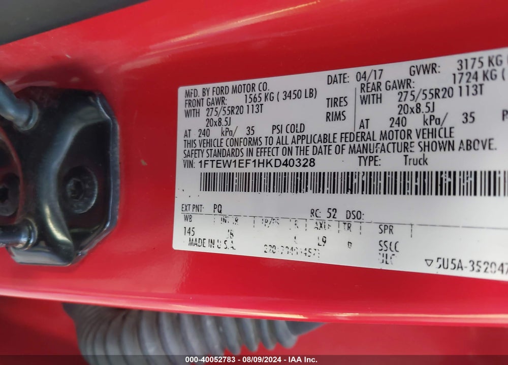 2017 FORD F-150 XLT VIN: 1FTEW1EF1HKD40328