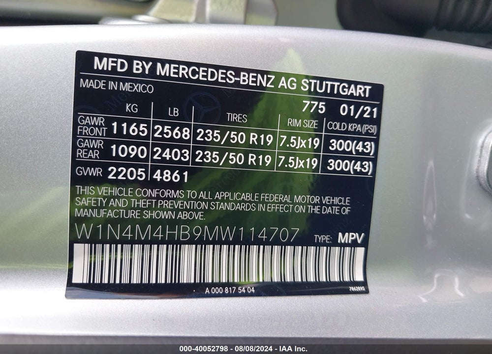 2021 MERCEDES-BENZ GLB 250 4MATIC VIN: W1N4M4HB9MW114707