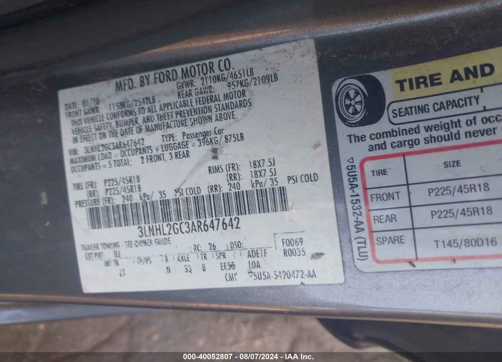 2010 LINCOLN MKZ VIN: 3LNHL2GC3AR647642