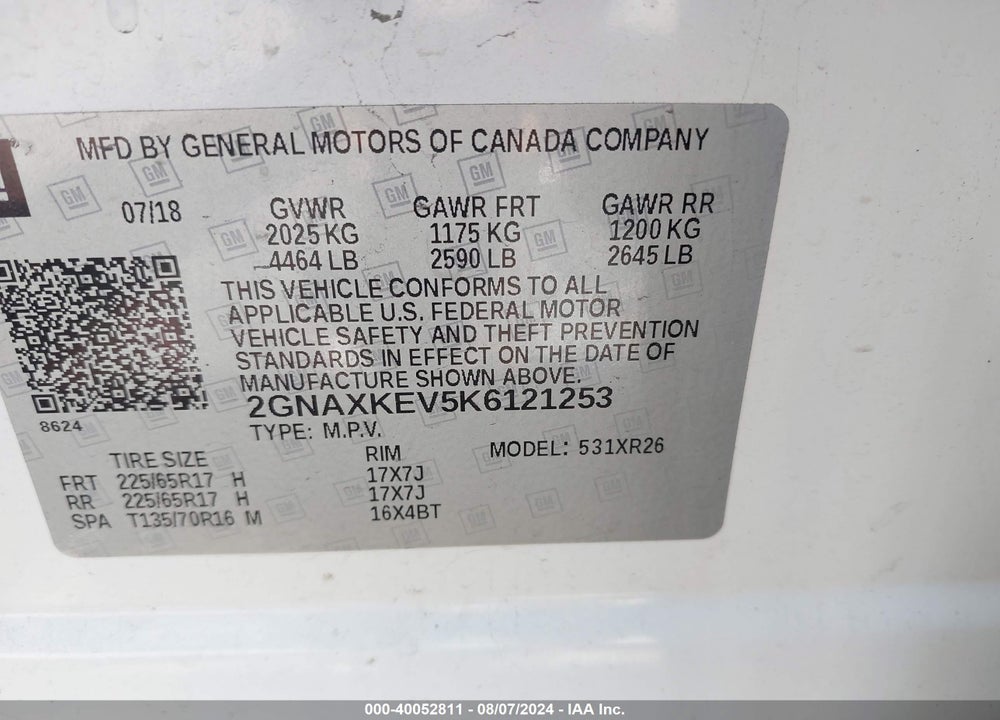 2019 CHEVROLET EQUINOX LT VIN: 2GNAXKEV5K6121253