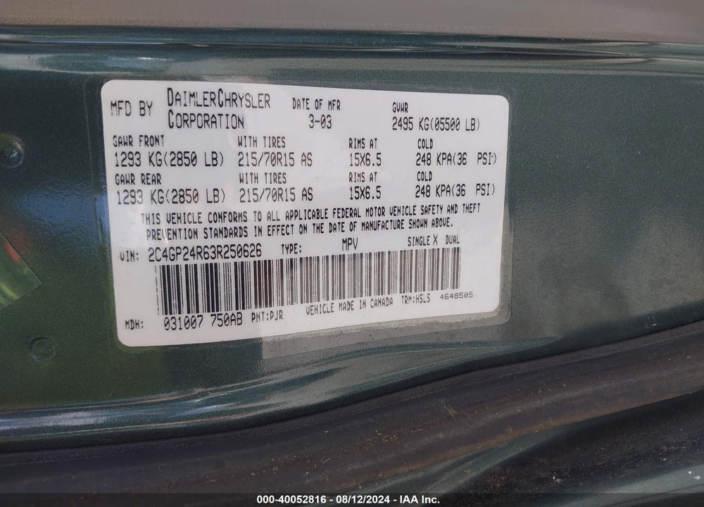 2003 CHRYSLER TOWN & COUNTRY VIN: 2C4GP24R63R250626