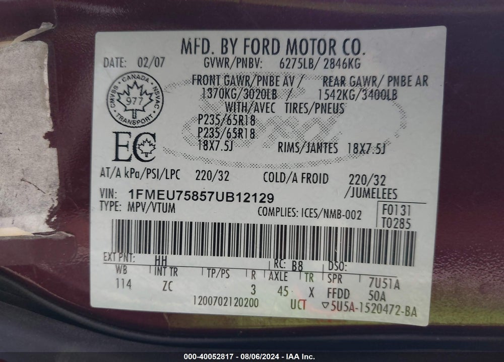 2007 FORD EXPLORER LIMITED VIN: 1FMEU75857UB12129