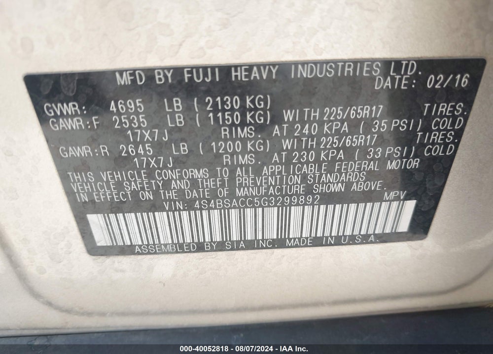 2016 SUBARU OUTBACK 2.5I PREMIUM VIN: 4S4BSACC5G3299892