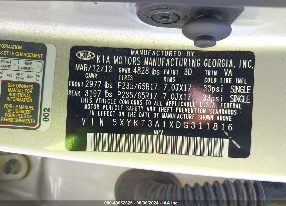 2013 KIA SORENTO LX VIN: 5XYKT3A1XDG311816