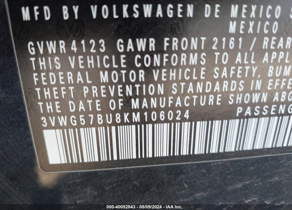 2019 VOLKSWAGEN JETTA 1.4T SEL PREMIUM VIN: 3VWG57BU8KM106024