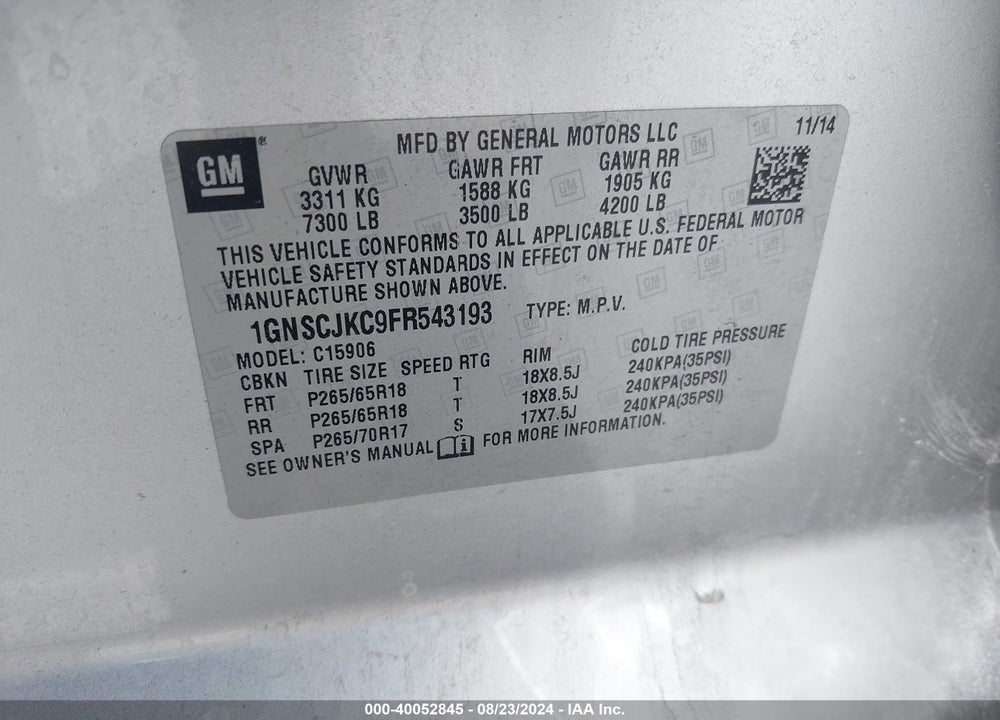 2015 CHEVROLET SUBURBAN 1500 LT VIN: 1GNSCJKC9FR543193