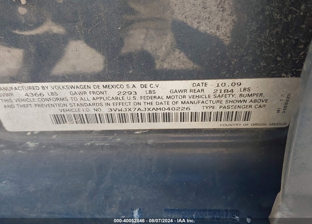 2010 VOLKSWAGEN JETTA S VIN: 3VWJX7AJXAM040226