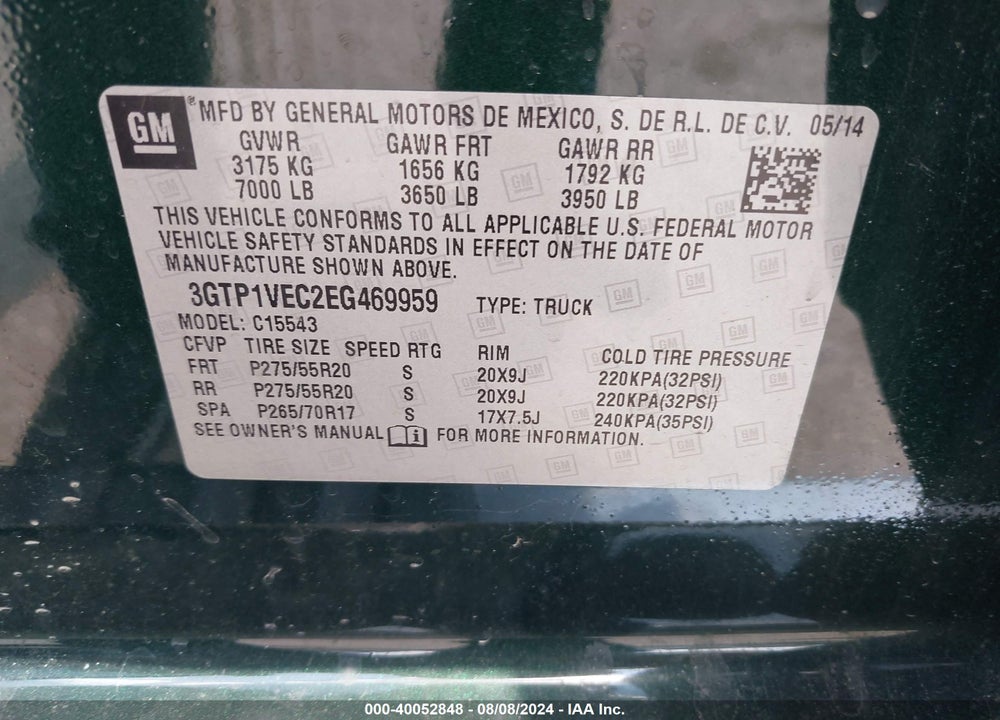 2014 GMC SIERRA 1500 SLT VIN: 3GTP1VEC2EG469959