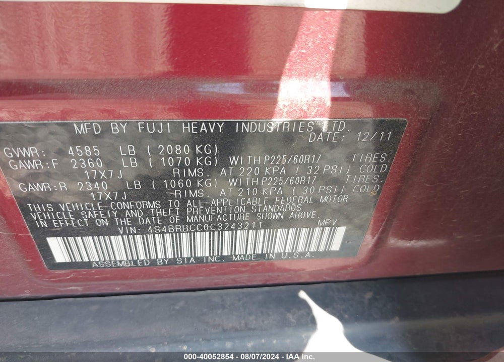 2012 SUBARU OUTBACK 2.5I PREMIUM VIN: 4S4BRBCC0C3243211