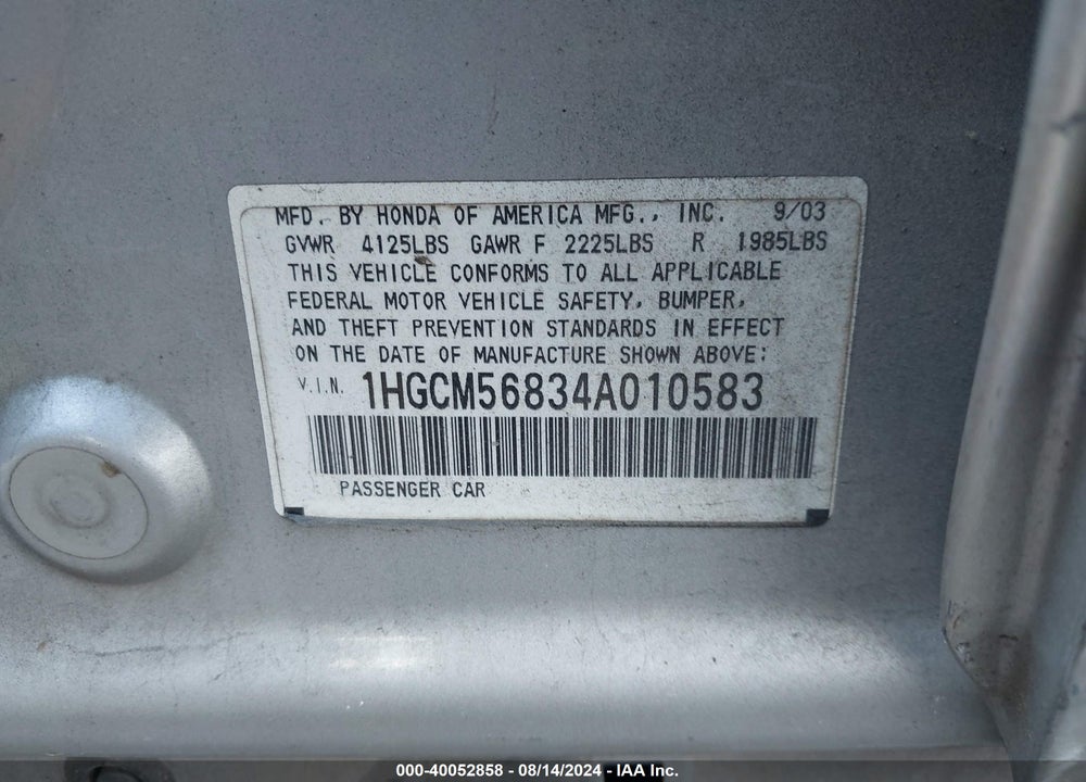 2004 HONDA ACCORD 2.4 EX VIN: 1HGCM56834A010583
