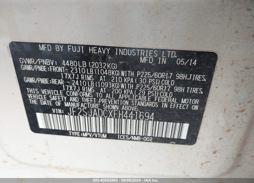 2015 SUBARU FORESTER 2.5I PREMIUM VIN: JF2SJADCXFH441694