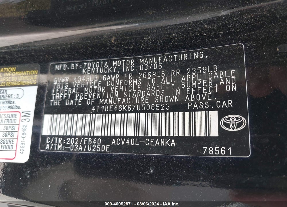2007 TOYOTA CAMRY LE VIN: 4T1BE46K67U506523