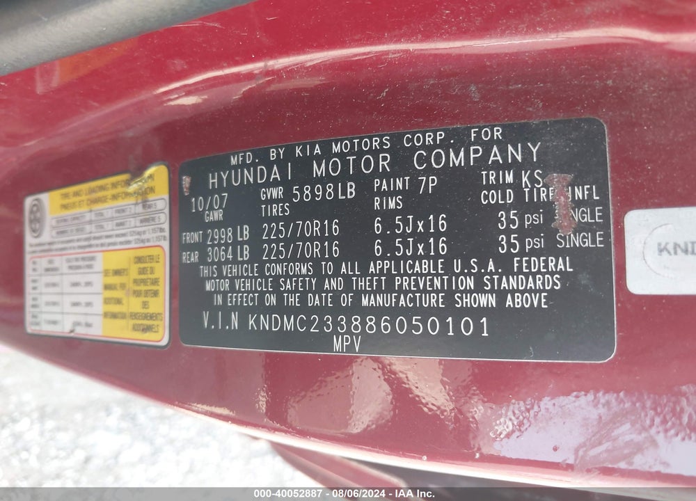 2008 HYUNDAI ENTOURAGE GLS/LIMITED VIN: KNDMC233886050101