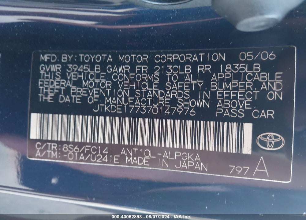 2007 SCION TC VIN: JTKDE177370147976