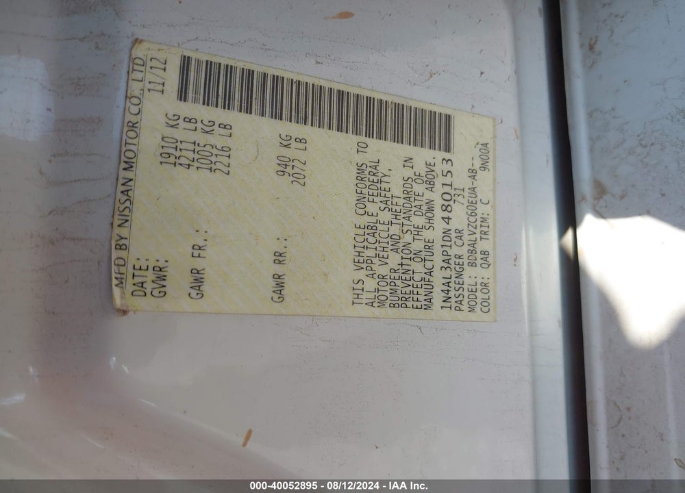 2013 NISSAN ALTIMA 2.5 SL VIN: 1N4AL3AP1DN480153