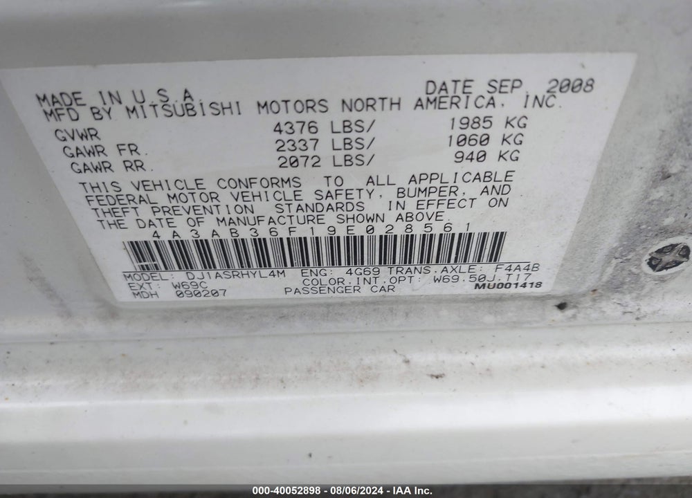 2009 MITSUBISHI GALANT ES/SPORT EDITION VIN: 4A3AB36F19E028561